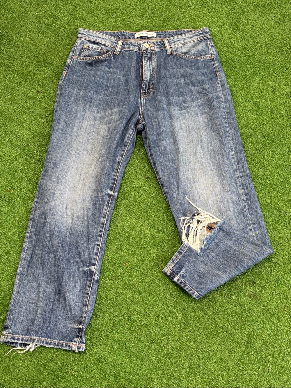 Flying Monkey Women's Blue Straight Jeans with Distressed Knee